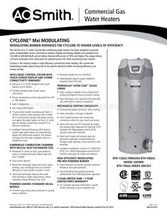 AO Smith BTH-300 CYCLONE Mxi Specification Sheet