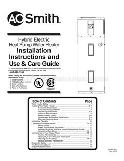 AO Smith SHPT-50 Installation Instructions and Use & Care Guide
