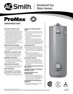 AO Smith SMIGCR40 ProMax Atmospheric Vent Spec Sheet