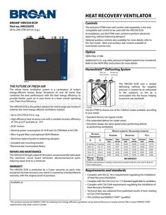 Broan HRV250TE Spec Sheet